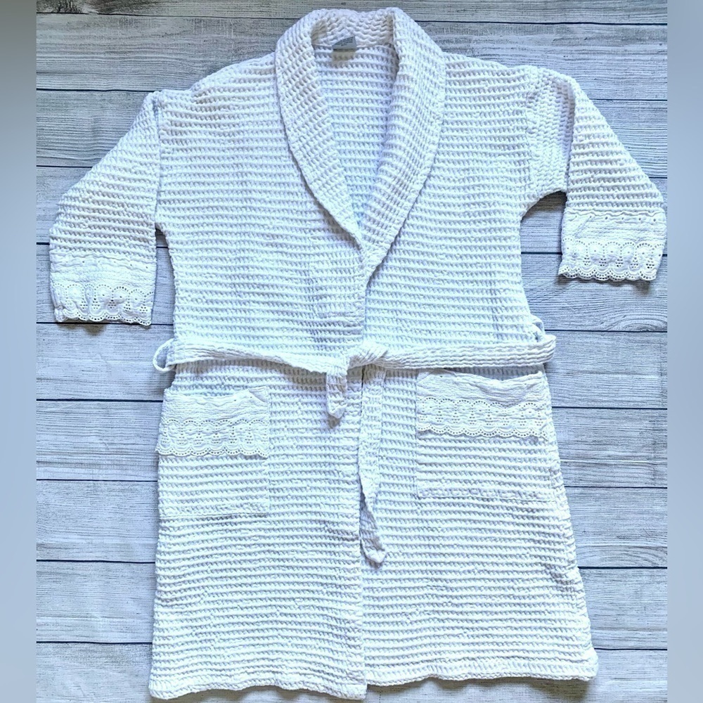 Women’s 100% Cotton White Waffle Knit Robe with Eyelet Accent Trim - Picture 4 of 15